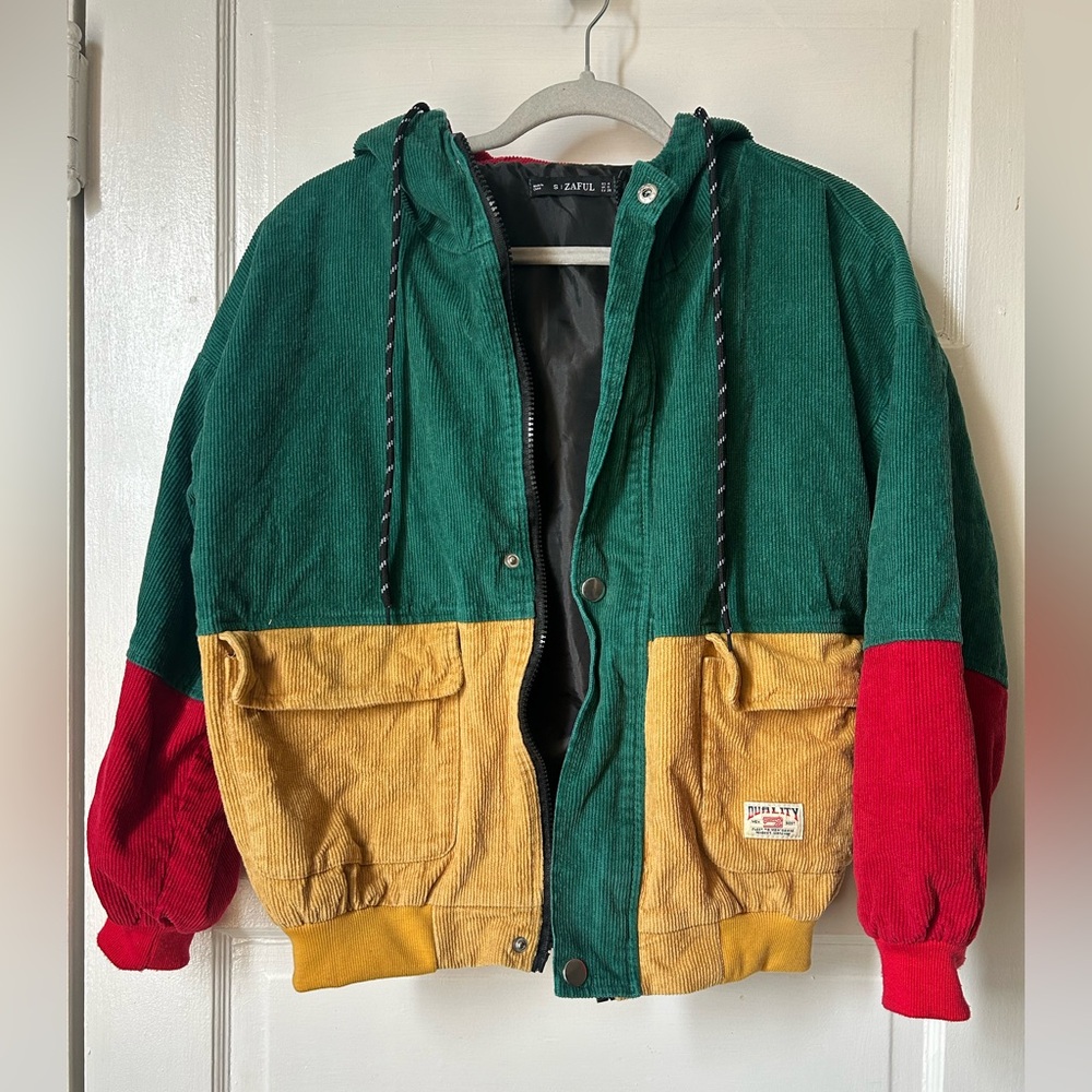 Zaful Red, Yellow, and Green Corduroy Jacket Size 4